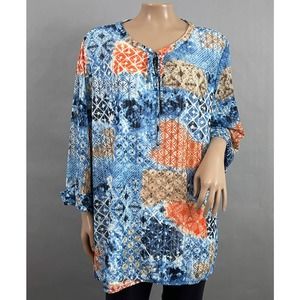 Catherines Top Women 2X WP Multicolor Lace Popover 3/4 Sleeve Split Neck Stretch